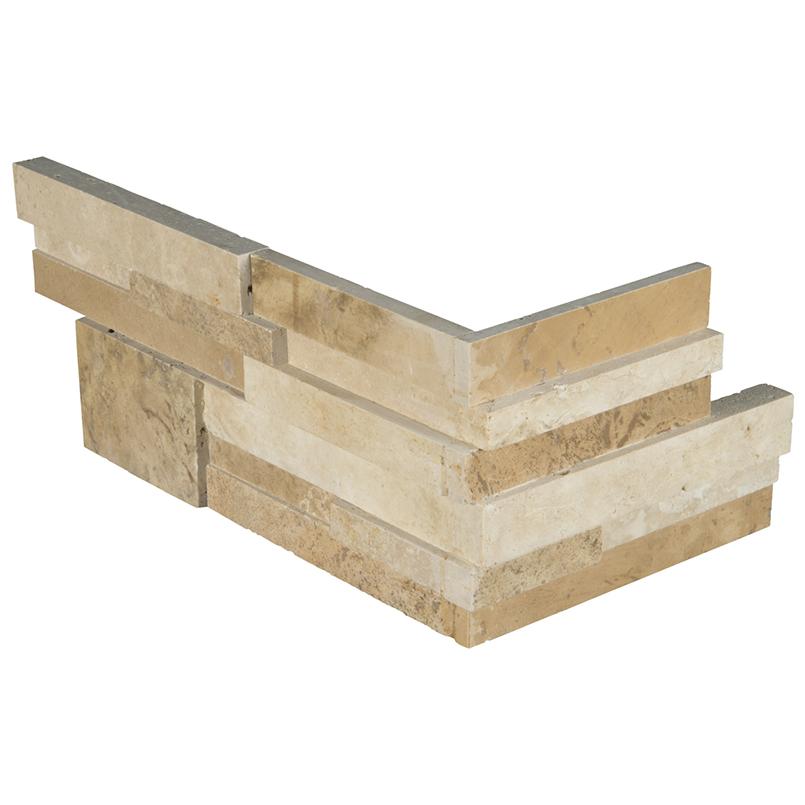 Flat lay of Casa Blend 3D Honed travertine stacked stone corner showing soft cream and beige tones