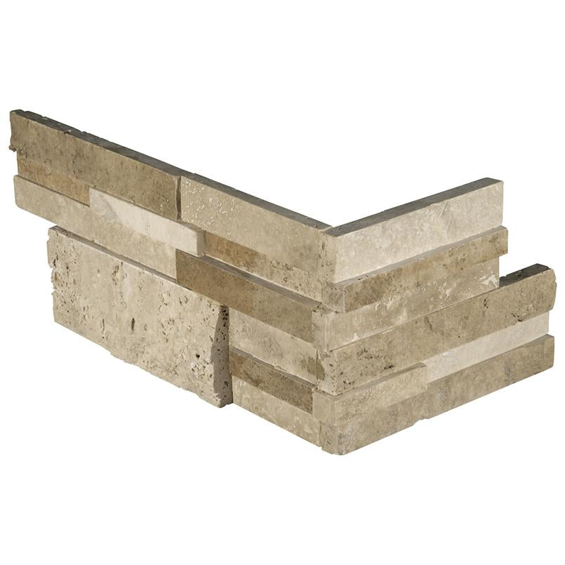 Casa Blend travertine corner panel flat lay showing mixed honed and split face textures in warm beige tones