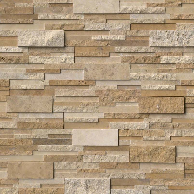 Flat lay of Casa Blend 3D Multi Finish stacked travertine panel with beige and cream tones