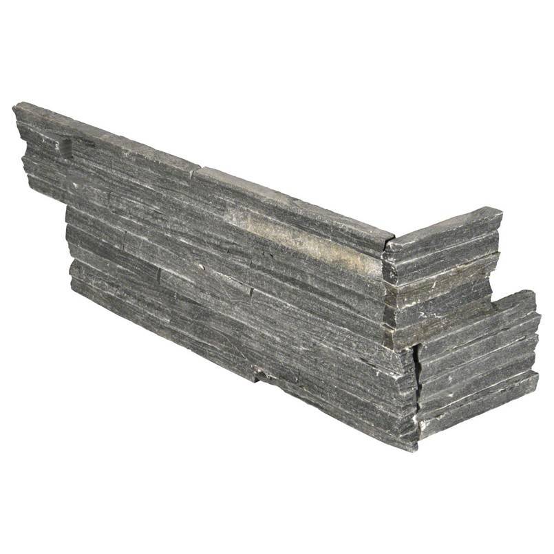 Flat lay of Charcoal Pencil stacked stone corner in slim gray slate strips