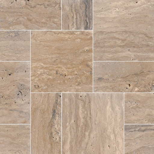 Classico Travertine Pavers in Versailles Pattern with cream and light walnut tones

