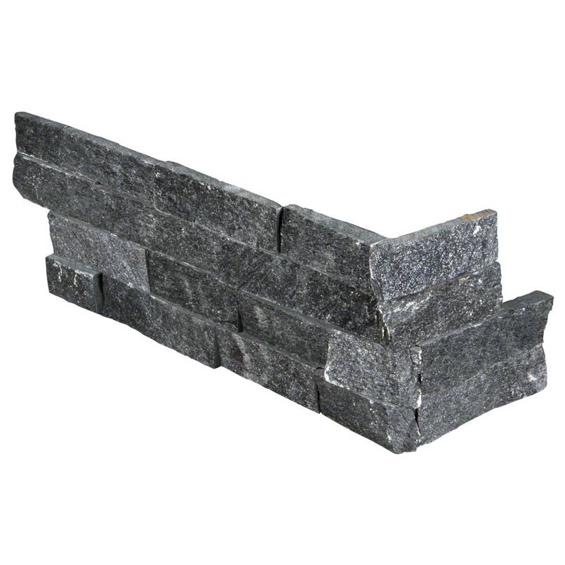 Flat lay of Coal Canyon quartzite stone corner panel in charcoal gray finish