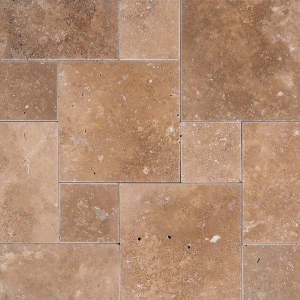 Flat view of Cordoba Noce Travertine Paver in Versailles pattern with tumbled finish