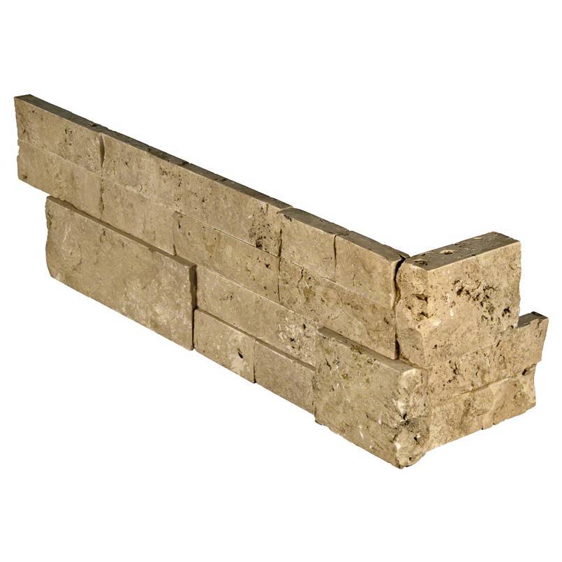 Flat lay of Cordoba Noche travertine corner showing natural brown stone texture