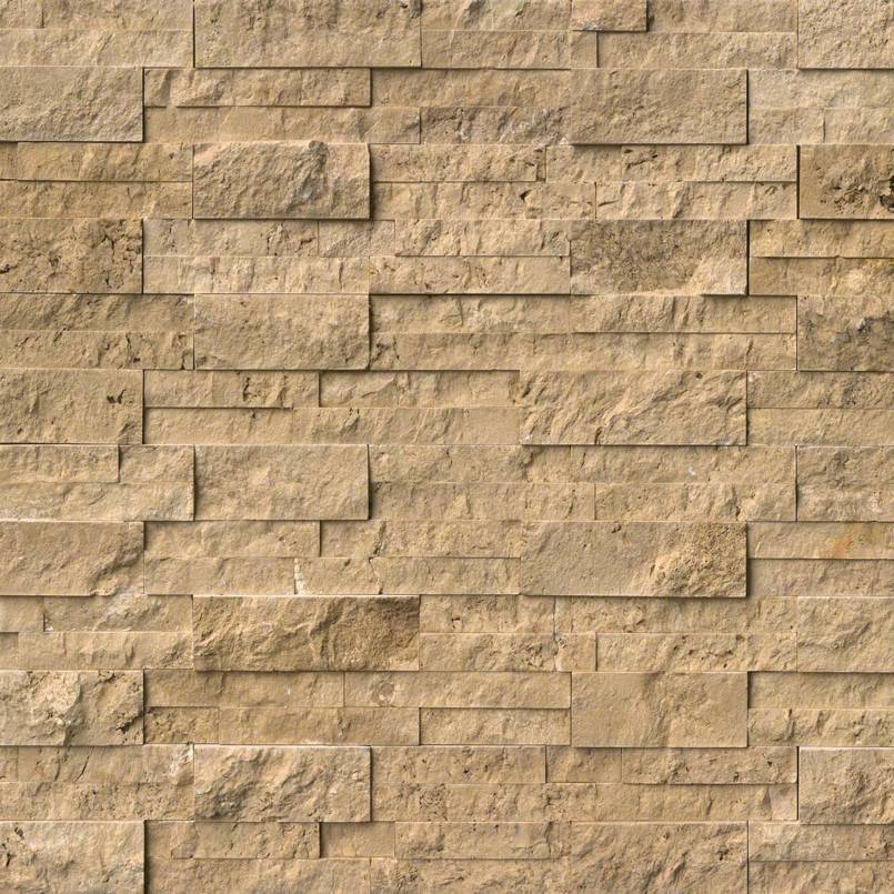 Flat lay of Cordoba Noche travertine stacked panel in rustic brown tones