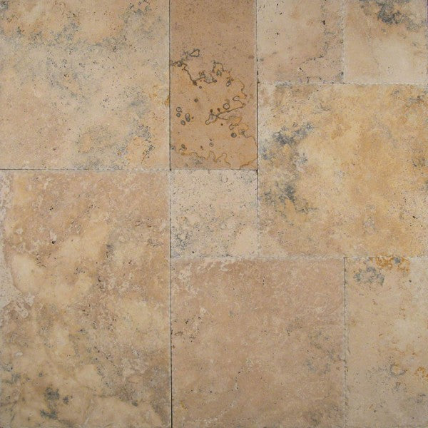 Flat view of Country Classic Travertine pavers in Versailles pattern with tumbled finish