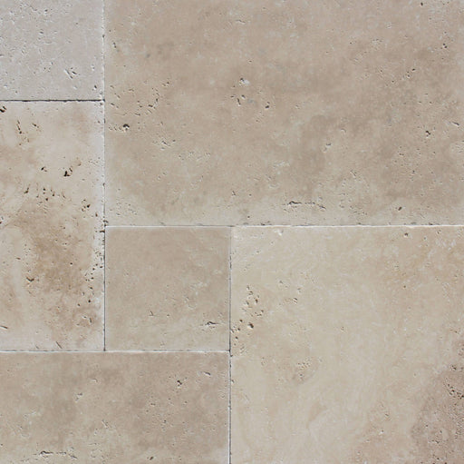 Cream Travertine Pavers in Versailles Pattern with light ivory tones

