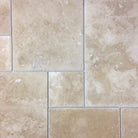 Flat view of Crema Ivory Travertine Versailles Pattern with brushed and chiseled finish"

