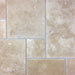 Flat view of Crema Ivory Travertine Versailles Pattern with brushed and chiseled finish"

