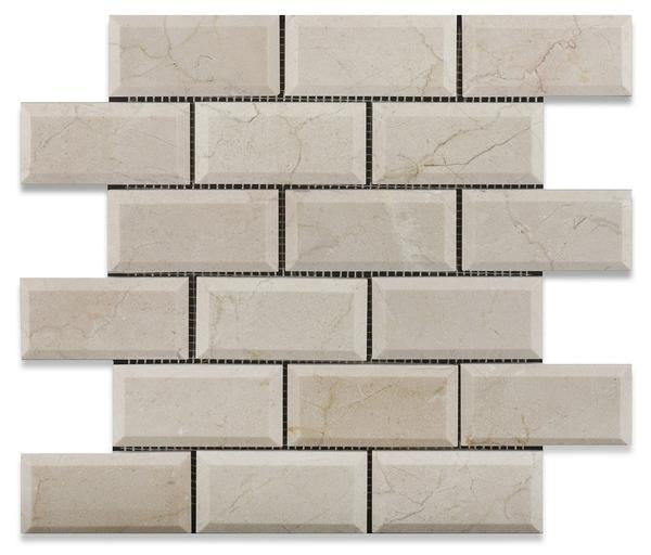 Crema Marfil 2x4 deep bevelled polished mosaic tile sheet