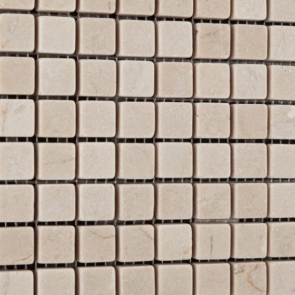 Close-up of Crema Marfil 5/8 inch tumbled mosaic showing texture
