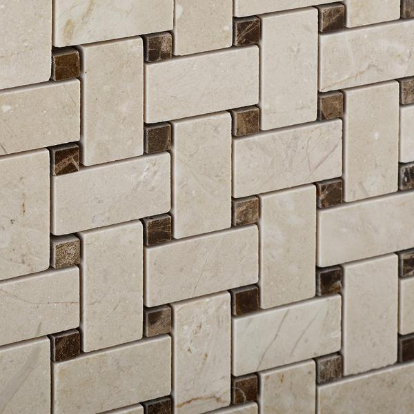 Close-up of Crema Marfil Basketweave polished mosaic with beige veining