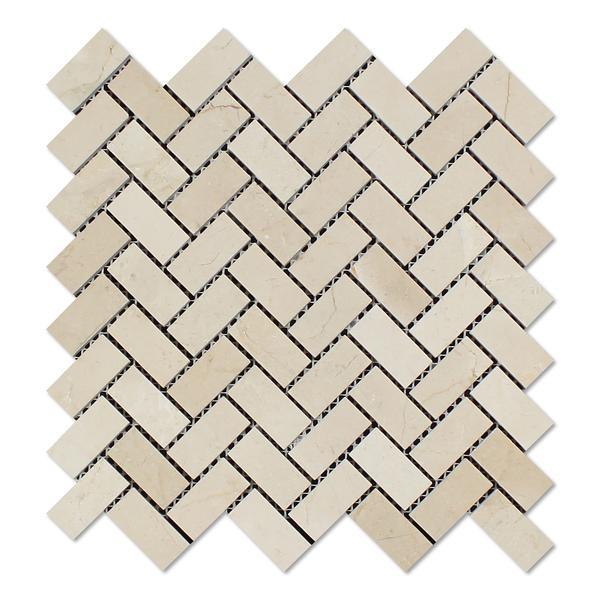 Crema Marfil Herringbone Mosaic Tile in polished finish, 12x12 sheet