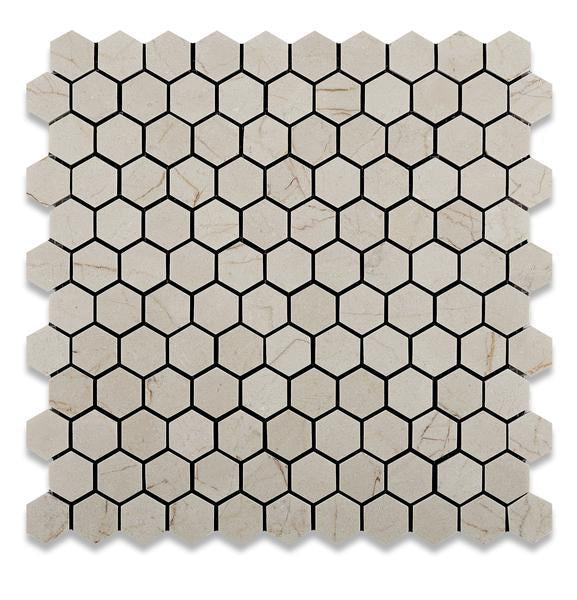 Crema Marfil 1 inch Hexagon Mosaic in polished finish on 12x12 sheet