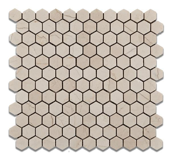 Crema Marfil Hexagon 1 inch Mosaic in tumbled finish, 12x12 mesh sheet