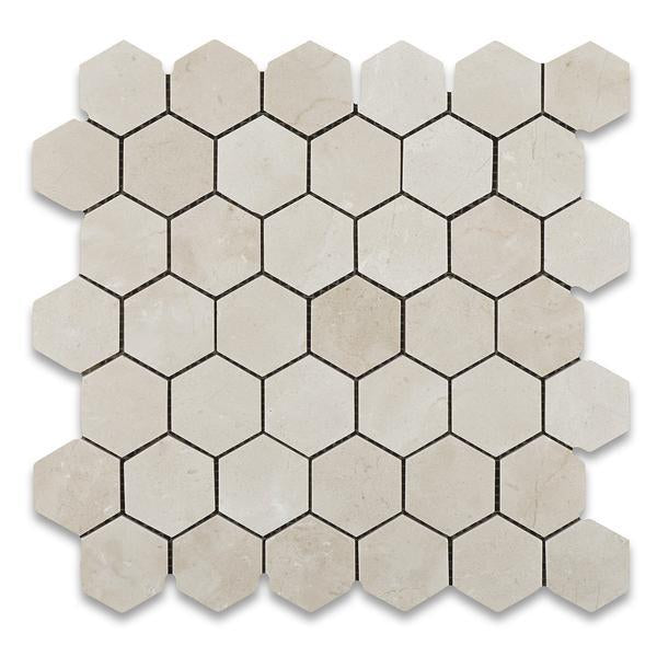 Crema Marfil Hexagon 2 inch Mosaic in polished finish, 12x12 mesh sheet