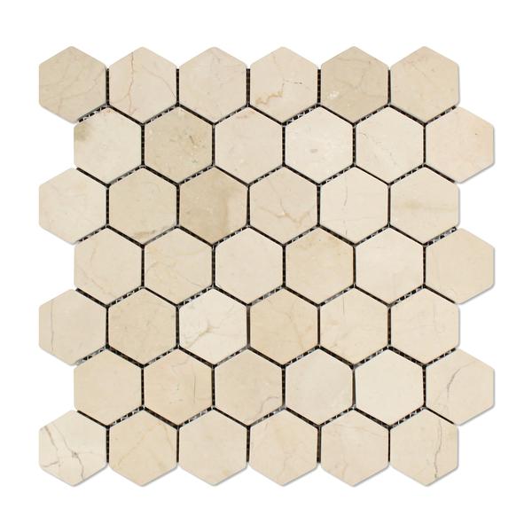 Crema Marfil Hexagon 2x2 Mosaic in tumbled finish, 12x12 mesh sheet