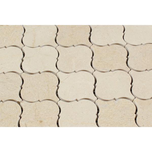 Close-up of Crema Marfil polished lantern mosaic with natural beige veining