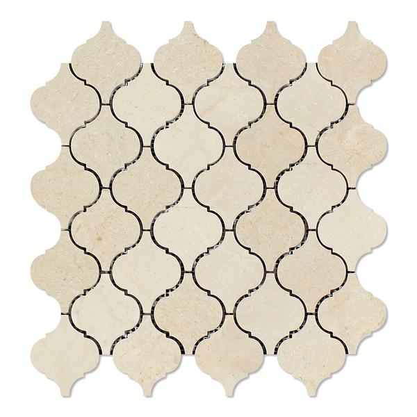 Crema Marfil Lantern Mosaic 2 inch tile in polished finish, 12x12 mesh