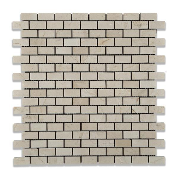 Crema Marfil Mini Brick Mosaic tile in polished finish on 12x12 mesh