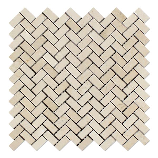 Crema Marfil Mini Herringbone Mosaic polished marble 12x12 sheet