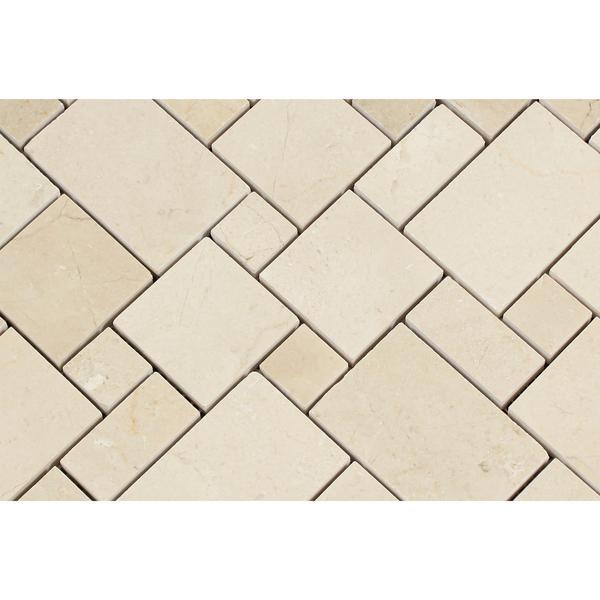 Close-up of Crema Marfil Mini Pattern Mosaic showing polished surface and pattern detail