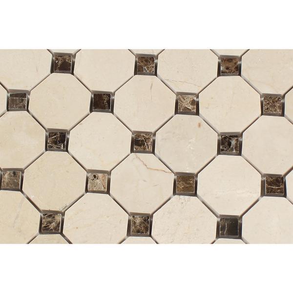 Close-up of Crema Marfil Octagon Mosaic with natural veining and polished finish