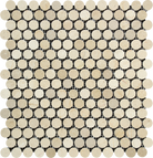 Crema Marfil Penny Round Mosaic tile in polished marble on mesh sheet