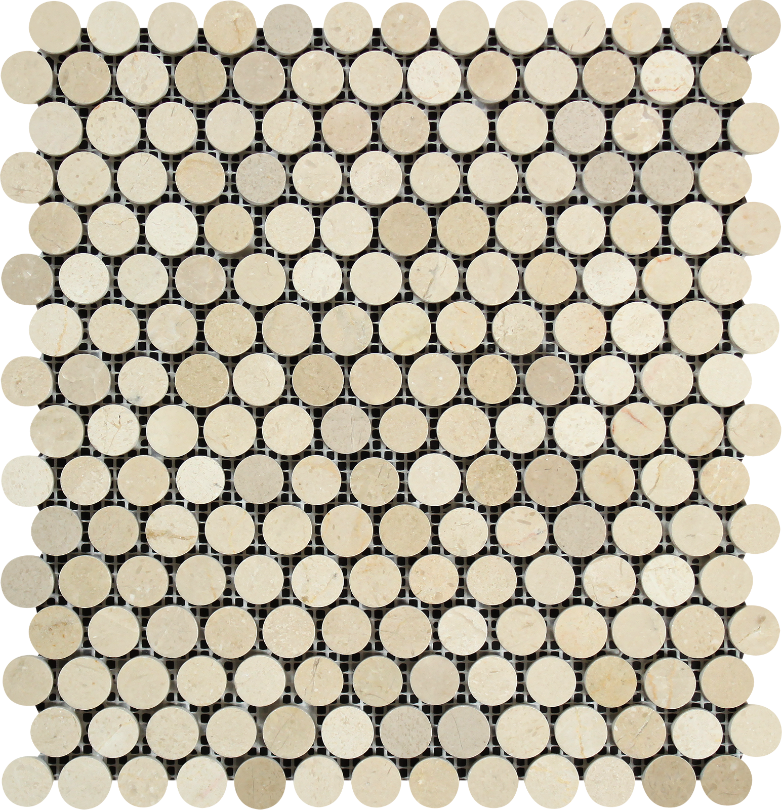 Crema Marfil Penny Round Mosaic tile in polished marble on mesh sheet