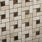 Close-up of Crema Marfil and Emperador marble pinwheel tile showing detail and polish