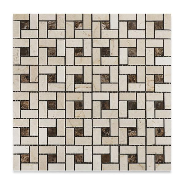 Crema Marfil Pinwheel Mosaic with Emperador Brown Dots in polished marble finish