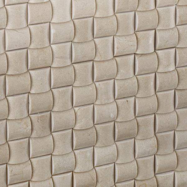 Close-up of Crema Marfil Small Bread Mosaic with detailed rounded stone pieces