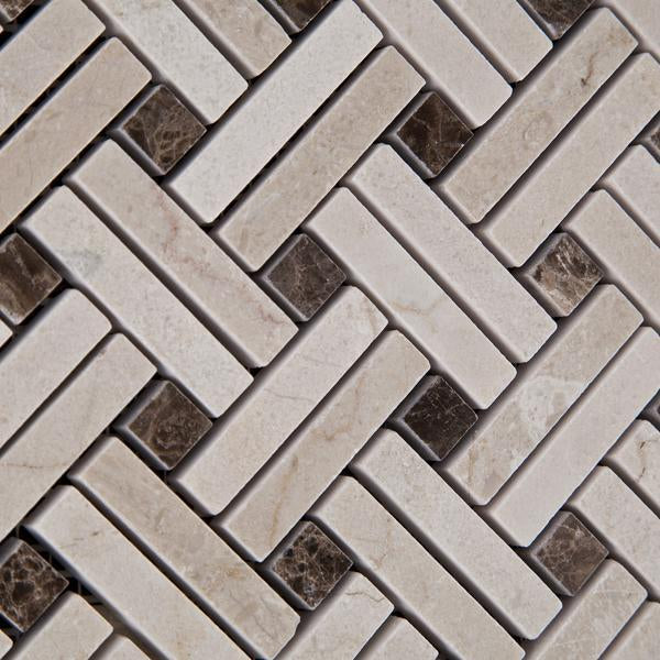 Close-up of Crema Marfil Stanza mosaic showing polished surface and modern cut