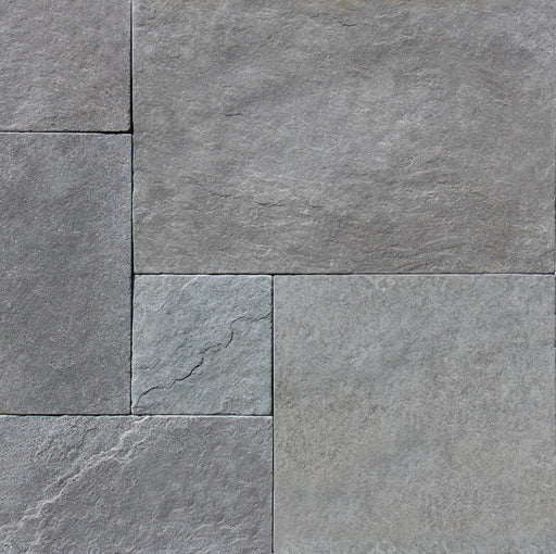 Desert Blue Limestone Paver in Versailles Pattern with soft blue-gray tones

