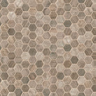 Close-up of Driftwood Mosaic showing 2-inch matte hex chips in wood-inspired directional veining