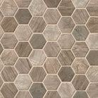 Flat view of Driftwood Hexagon Mosaic in recycled glass with warm greige and brown woodgrain tones