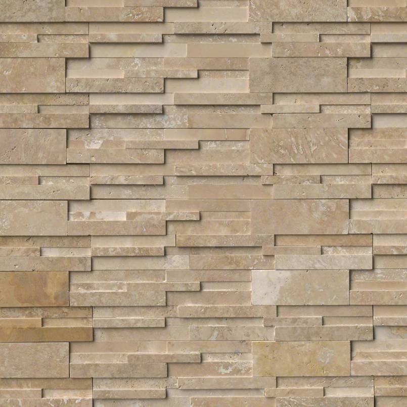 Flat lay of Durango Cream 3D honed travertine stacked stone panel with warm beige tones