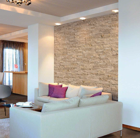 Close-up of textured split face surface on Durango Cream travertine