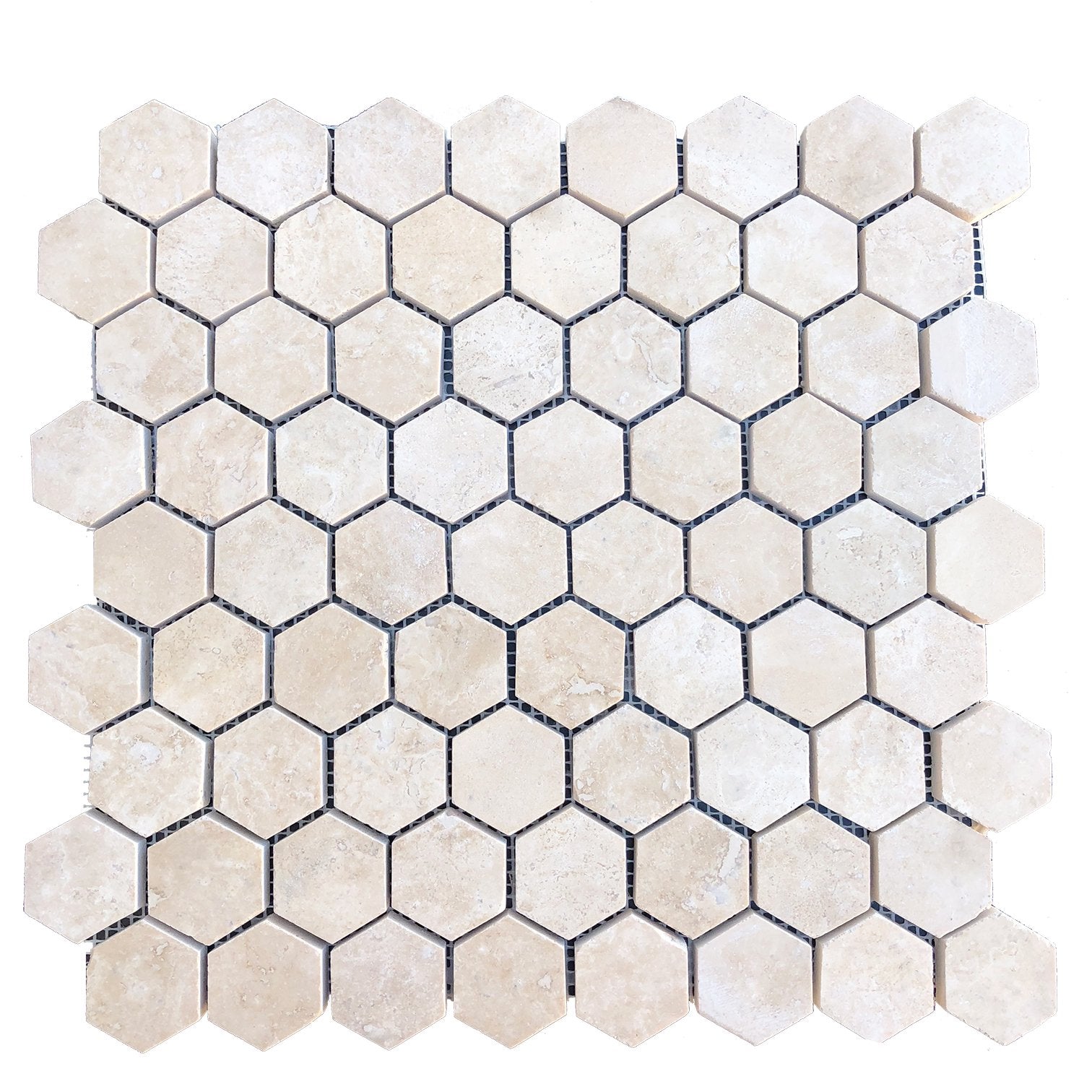 Flat view of Durango Travertine 2" Hexagon Tile Sheet, honed finish