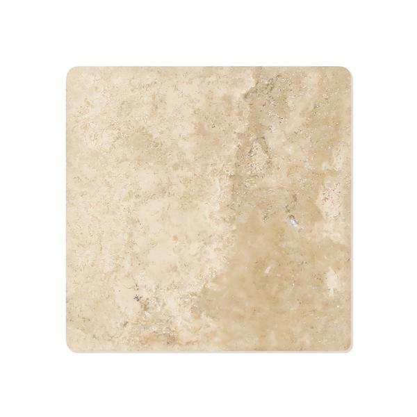 Close-up of tumbled texture and edge of Durango 4x4 travertine tile