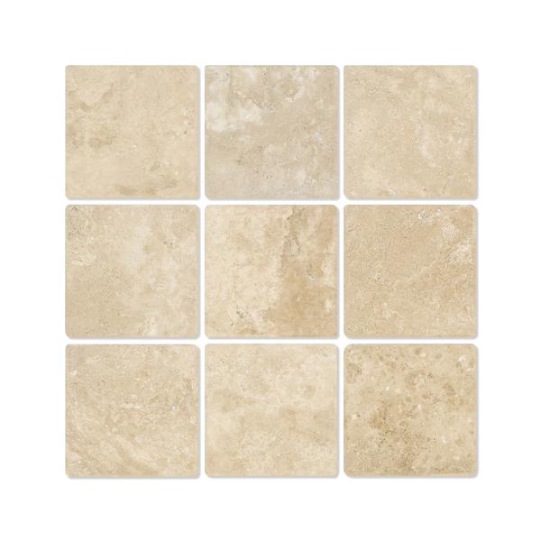Flat view of Durango Travertine 4x4 Tumbled Tile in cream and ivory