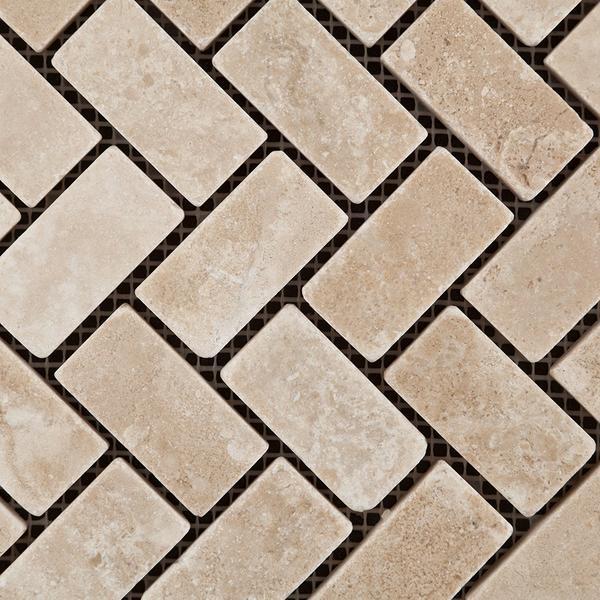 Flat view of Durango Travertine Herringbone 1x2 Tumbled Mosaic