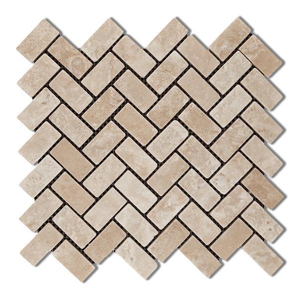 Flat view of Durango Travertine Herringbone 1x2 Tumbled Mosaic