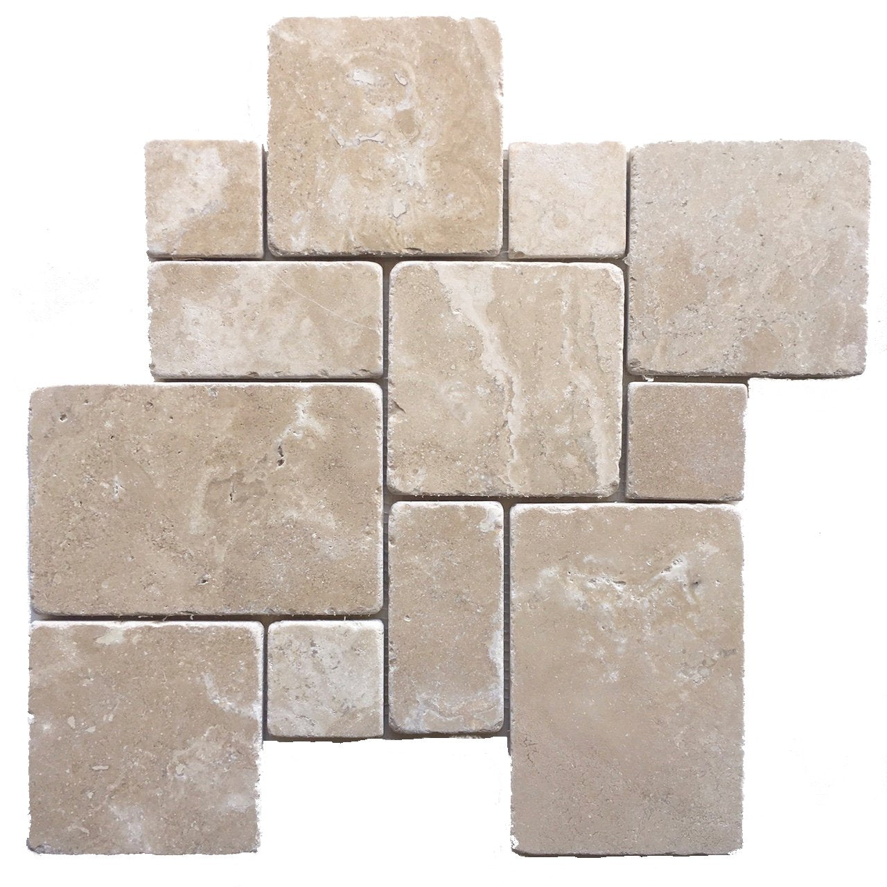 Flat view of Durango Travertine Opus Pattern Tile Sheet with natural tumbled finish