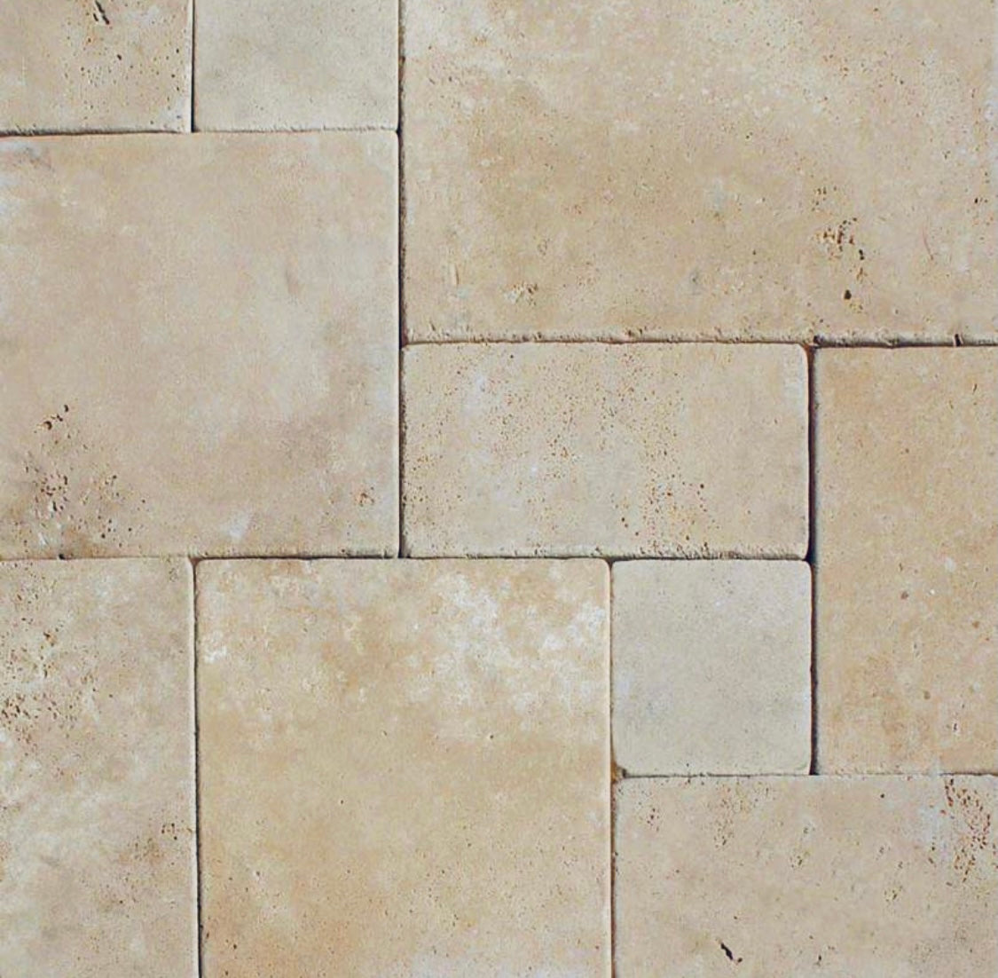 Flat view of Durango Travertine Versailles Pattern Paver with tumbled finish