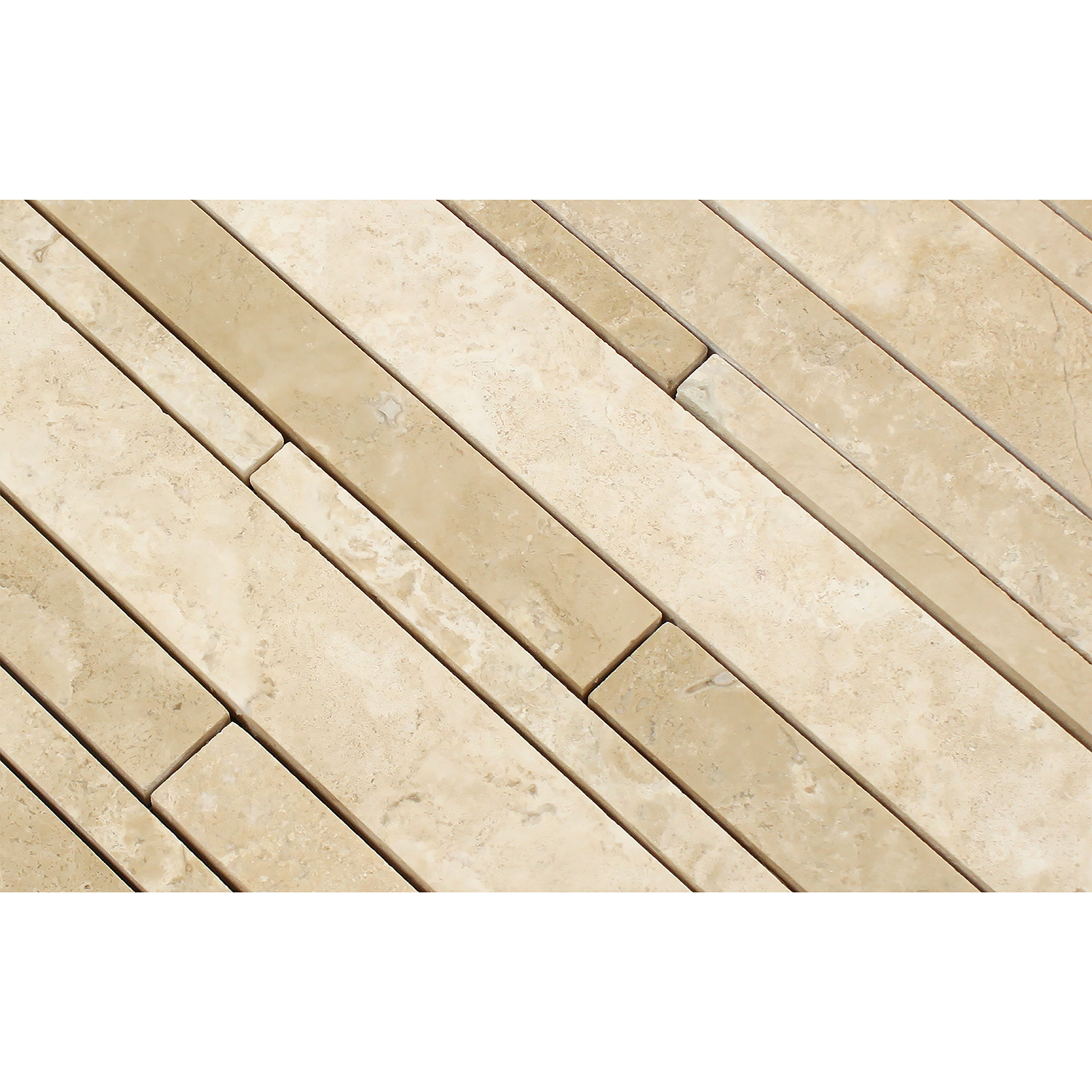 Close-up of Durango Travertine Random Strip showing varied lengths and texture