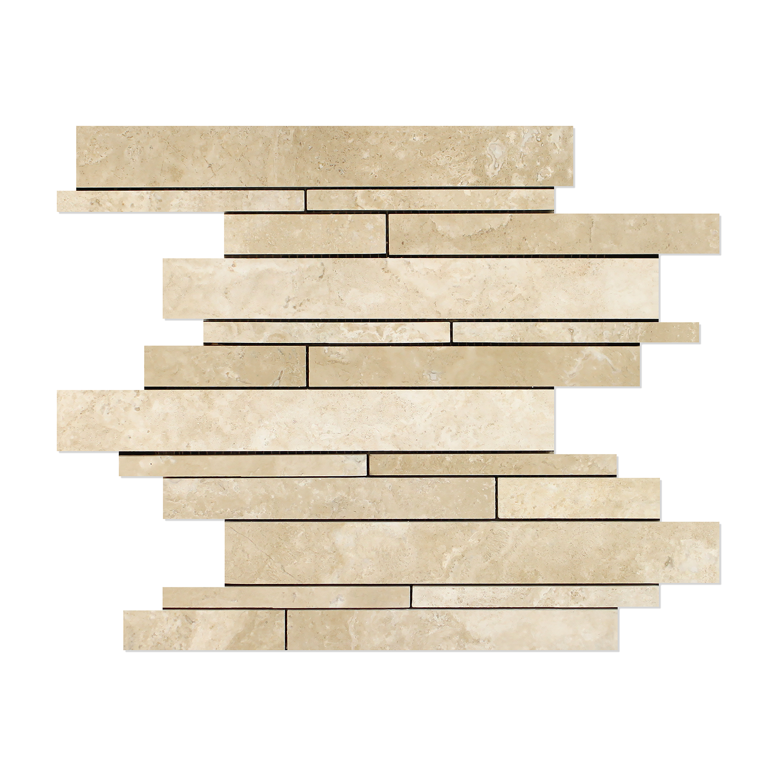 Flat view of Durango Travertine Random Strip Mosaic in tumbled finish