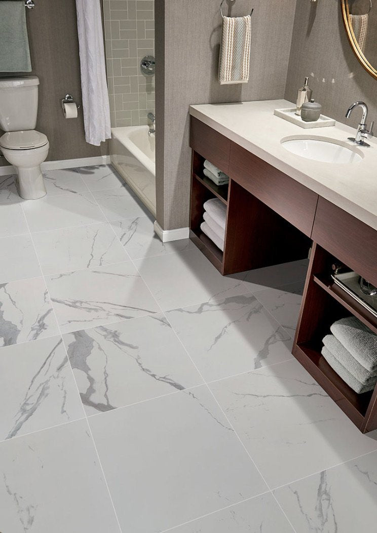 Close-up view of Eden Statuary porcelain tile surface in polished finish with gray veining