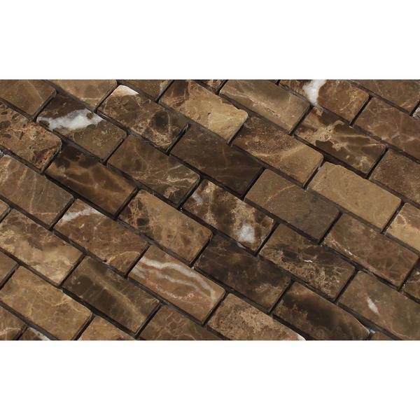 Close-up of Emperador Dark marble 1x2 mosaic showing tumbled surface