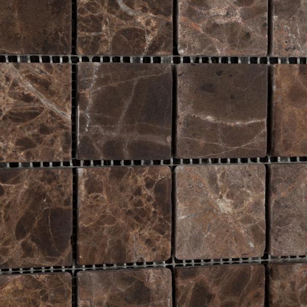 Close-up of Emperador Dark mosaic showing tumbled marble texture
